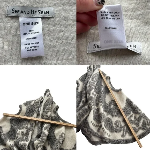 See and Be Seen OS Cream Gray Paisley, Sherpa, Drape Collar, Open Lagenlook Vest - Picture 3 of 16